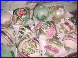 Stunning Shiny Brite Pink & Mint Green Flocked Glass Antique Vtg Xmas Ornaments