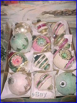 Stunning Shiny Brite Pink & Mint Green Flocked Glass Antique Vtg Xmas Ornaments