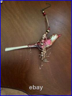 Swinging ANTIQUE Mother Bird in Tinsel nesting Swing of Mercury glass beads