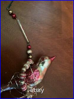 Swinging ANTIQUE Mother Bird in Tinsel nesting Swing of Mercury glass beads