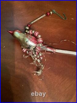 Swinging ANTIQUE Mother Bird in Tinsel nesting Swing of Mercury glass beads