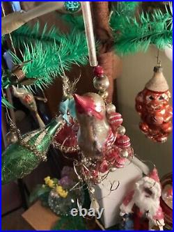 Swinging ANTIQUE Mother Bird in Tinsel nesting Swing of Mercury glass beads