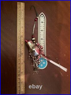 Swinging ANTIQUE Mother Bird in Tinsel nesting Swing of Mercury glass beads