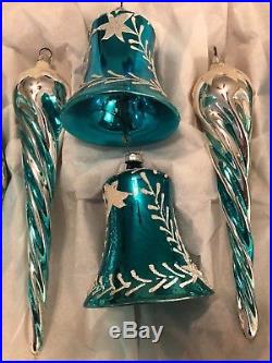 Teal SHINY BRITE Vintage Glass Xmas Ornaments INDENTS ICICLES BELLS Mica German