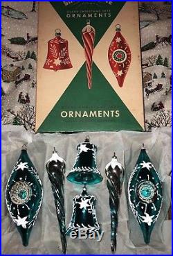 Teal SHINY BRITE Vintage Glass Xmas Ornaments INDENTS ICICLES BELLS Mica German