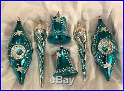 Teal SHINY BRITE Vintage Glass Xmas Ornaments INDENTS ICICLES BELLS Mica Germany