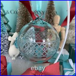 Tiffany&Co Crystal Ball Ornament Etched Checkerboard Blue Glass Christmas W Box
