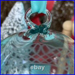 Tiffany&Co Crystal Ball Ornament Etched Checkerboard Blue Glass Christmas W Box