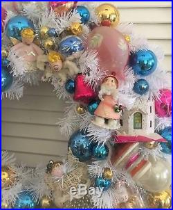 VINTAGE CHRISTMAS ORNAMENT WREATH Angels Elves Pink Shiny Brite Mercury Glass