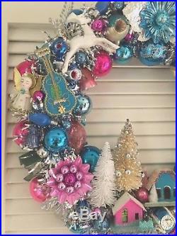 VINTAGE CHRISTMAS ORNAMENT WREATH Angels Japan mercury glass blue/pink/silver