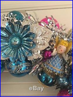 VINTAGE CHRISTMAS ORNAMENT WREATH Angels Japan mercury glass blue/pink/silver