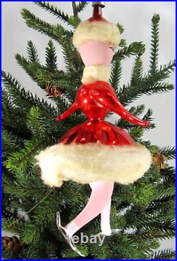 VINTAGE ITALIAN Christmas Ornament RED Ice Skater girl blown glass cotton fluff