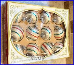 VTG 12 IN BOX Mercury Glass Shiny Brite Christmas Ornaments Red/Green StripeEUC