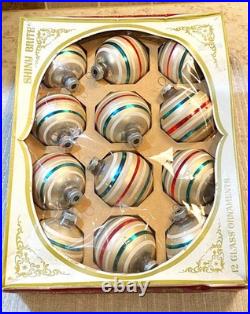 VTG 12 IN BOX Mercury Glass Shiny Brite Christmas Ornaments Red/Green StripeEUC