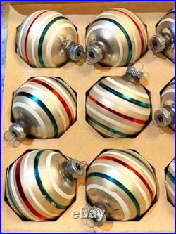 VTG 12 IN BOX Mercury Glass Shiny Brite Christmas Ornaments Red/Green StripeEUC