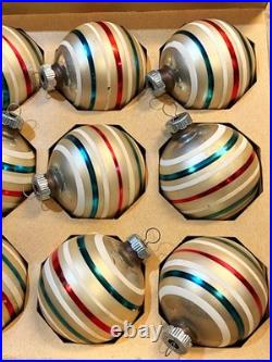 VTG 12 IN BOX Mercury Glass Shiny Brite Christmas Ornaments Red/Green StripeEUC