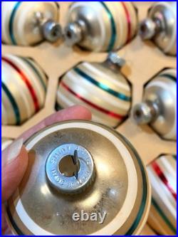VTG 12 IN BOX Mercury Glass Shiny Brite Christmas Ornaments Red/Green StripeEUC