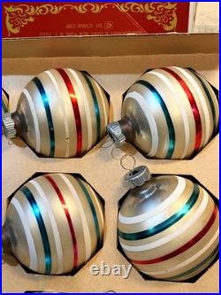 VTG 12 IN BOX Mercury Glass Shiny Brite Christmas Ornaments Red/Green StripeEUC