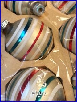 VTG 12 IN BOX Mercury Glass Shiny Brite Christmas Ornaments Red/Green StripeEUC
