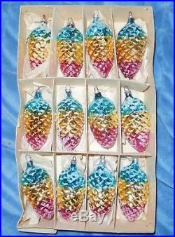 VTG 12 MULTICOLOR MICA FROSTED PINECONES With BOX GLASS XMAS ORNAMENT GERMANY NICE