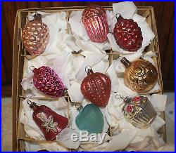 Vtg. Antique Feather Tree Xmas Ornaments Bumpy Hearts Bells, Berries Mercury Glass