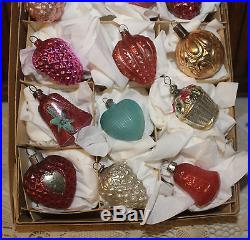 Vtg. Antique Feather Tree Xmas Ornaments Bumpy Hearts Bells, Berries Mercury Glass