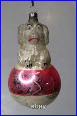 VTG Antique Blown Glass Begging POODLE Dog On Ball Christmas Ornament Germany
