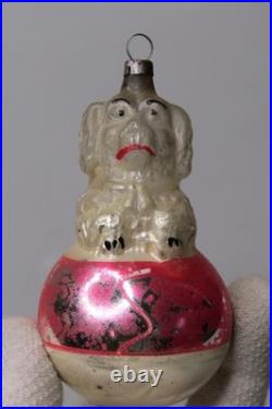 VTG Antique Blown Glass Begging POODLE Dog On Ball Christmas Ornament Germany
