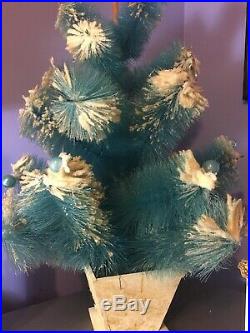 VTG Aqua BLUE Bottle Brush FLOCKED Snow XMAS Tree ORNAMENTS Mercury Glass Ball