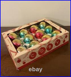 VTG Box (12) COBY Rainbow Ombré Corning Mercury Glass Christmas Ornament Balls