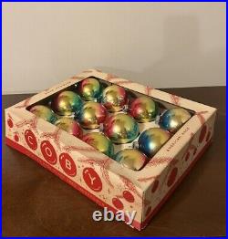 VTG Box (12) COBY Rainbow Ombré Corning Mercury Glass Christmas Ornament Balls