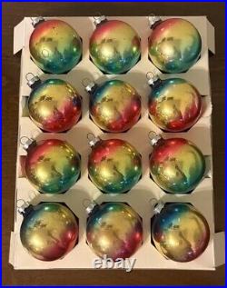 VTG Box (12) COBY Rainbow Ombré Corning Mercury Glass Christmas Ornament Balls