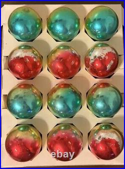 VTG Box (12) COBY Rainbow Ombré Corning Mercury Glass Christmas Ornament Balls