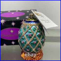 VTG Christopher Radko Christmas Easter Ornament Egg Glass Gilded Rose Blossom