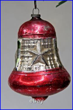 VTG Glass Outdent Multi STAR Embossed BELL Christmas Ornament Silver Red
