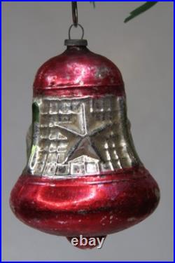 VTG Glass Outdent Multi STAR Embossed BELL Christmas Ornament Silver Red