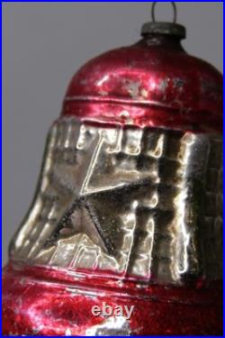 VTG Glass Outdent Multi STAR Embossed BELL Christmas Ornament Silver Red