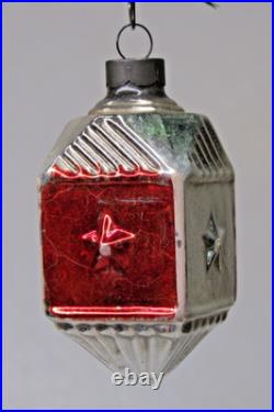 VTG Glass Red Silver Outdent STAR Embossed LANTERN Christmas Ornament Corning #2