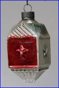 VTG Glass Red Silver Outdent STAR Embossed LANTERN Christmas Ornament Corning #2