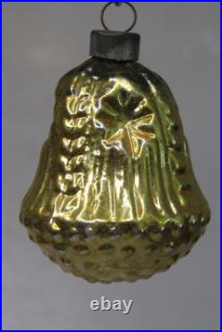 VTG Glass STAR Embossed Outdent Bumpy Gold BELL Christmas Ornament US of A