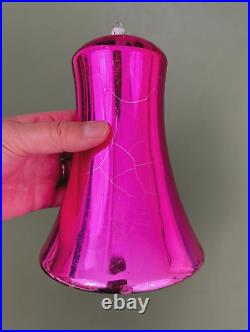 VTG Jumbo Germany Hot Pink Mercury Glass Bell w Clapper Christmas Ornament 7.5'