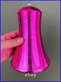 VTG Jumbo Germany Hot Pink Mercury Glass Bell w Clapper Christmas Ornament 7.5'