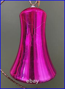 VTG Jumbo Germany Hot Pink Mercury Glass Bell w Clapper Christmas Ornament 7.5'