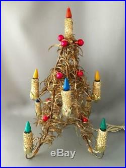 VTG MIROSTAR GOLD TINSEL C6 LIGHTED CHRISTMAS TREE w MERCURY GLASS ORNAMENTS