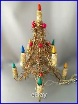 VTG MIROSTAR GOLD TINSEL C6 LIGHTED CHRISTMAS TREE w MERCURY GLASS ORNAMENTS