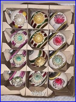 VTG Mica Striped Double Indent Round Glass Xmas Ornament Box/12 4 Ex Cond