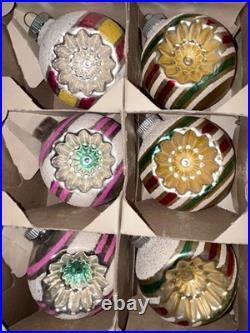VTG Mica Striped Double Indent Round Glass Xmas Ornament Box/12 4 Ex Cond