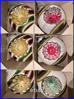 VTG Mica Striped Double Indent Round Glass Xmas Ornament Box/12 4 Ex Cond