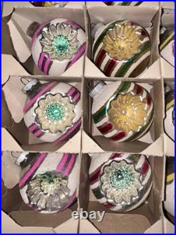 VTG Mica Striped Double Indent Round Glass Xmas Ornament Box/12 4 Ex Cond