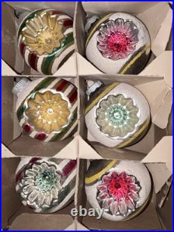 VTG Mica Striped Double Indent Round Glass Xmas Ornament Box/12 4 Ex Cond